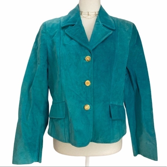 Burberry Turquoise Suede Jacket with Insignia Buttons VTG - Picture 10 of 10